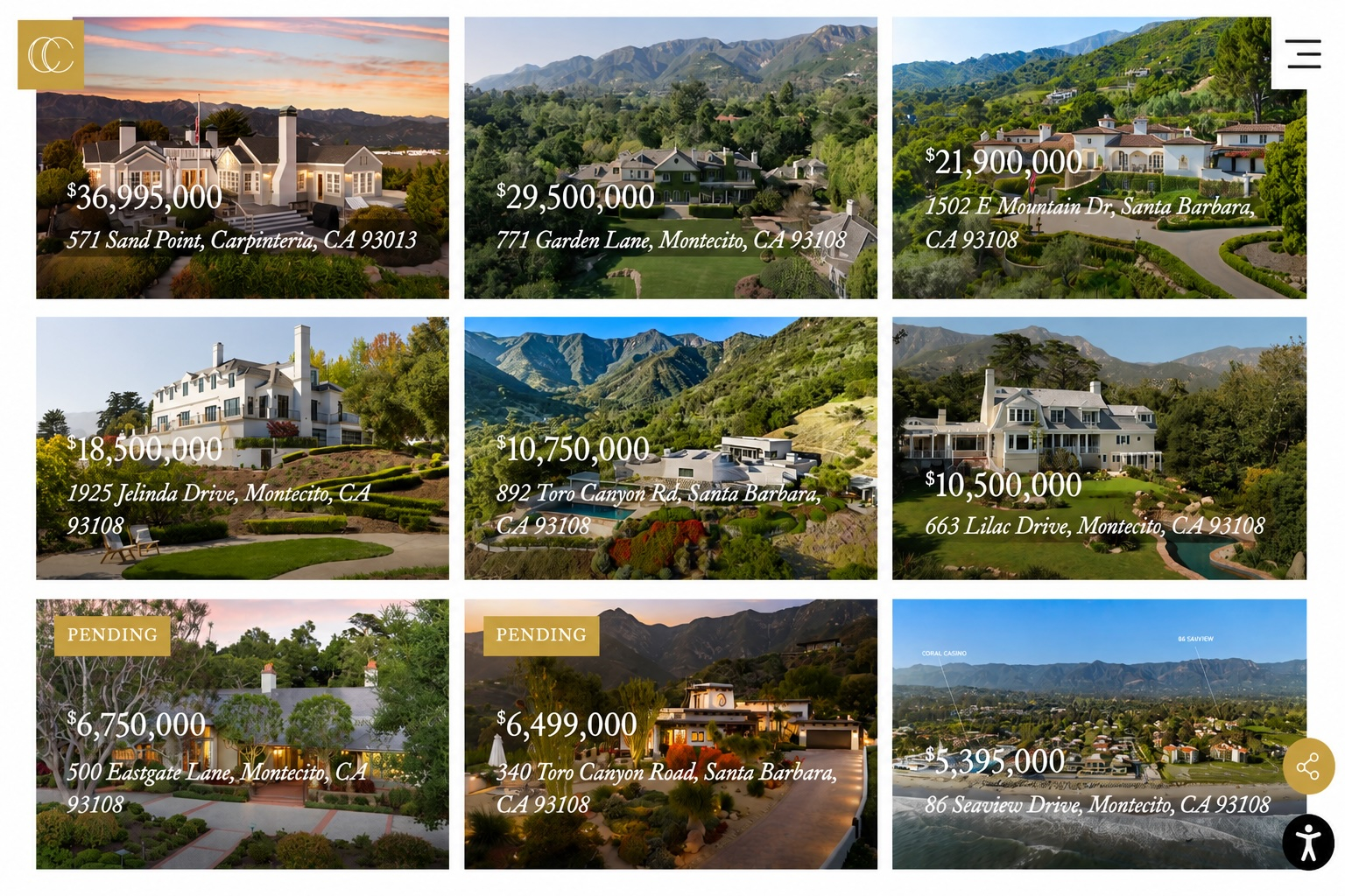 Cristal Clarke Santa Barbara and Montecito luxury home listings featuring properties with mountain, ocean and estate views.